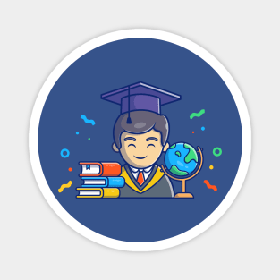 Men Graduating, Globe, And Books Cartoon Magnet